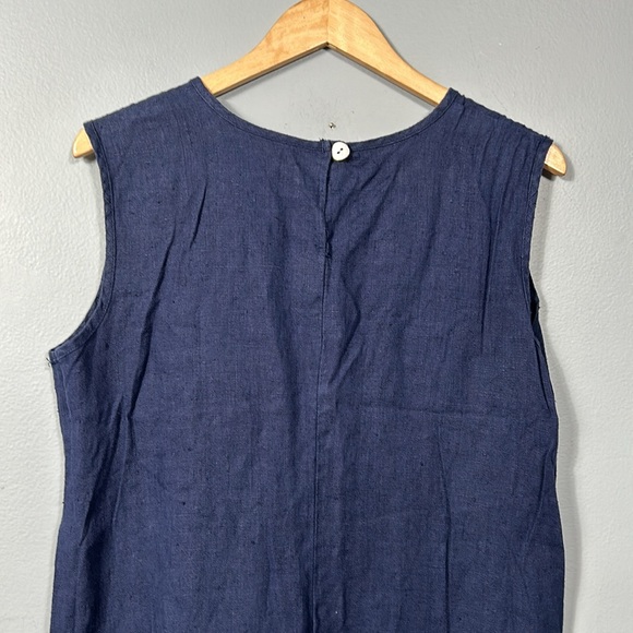 Vintage Navy 100% linen Maxi Relaxed Fit Side Slit Crew Neck Dress size 16 - Picture 11 of 15